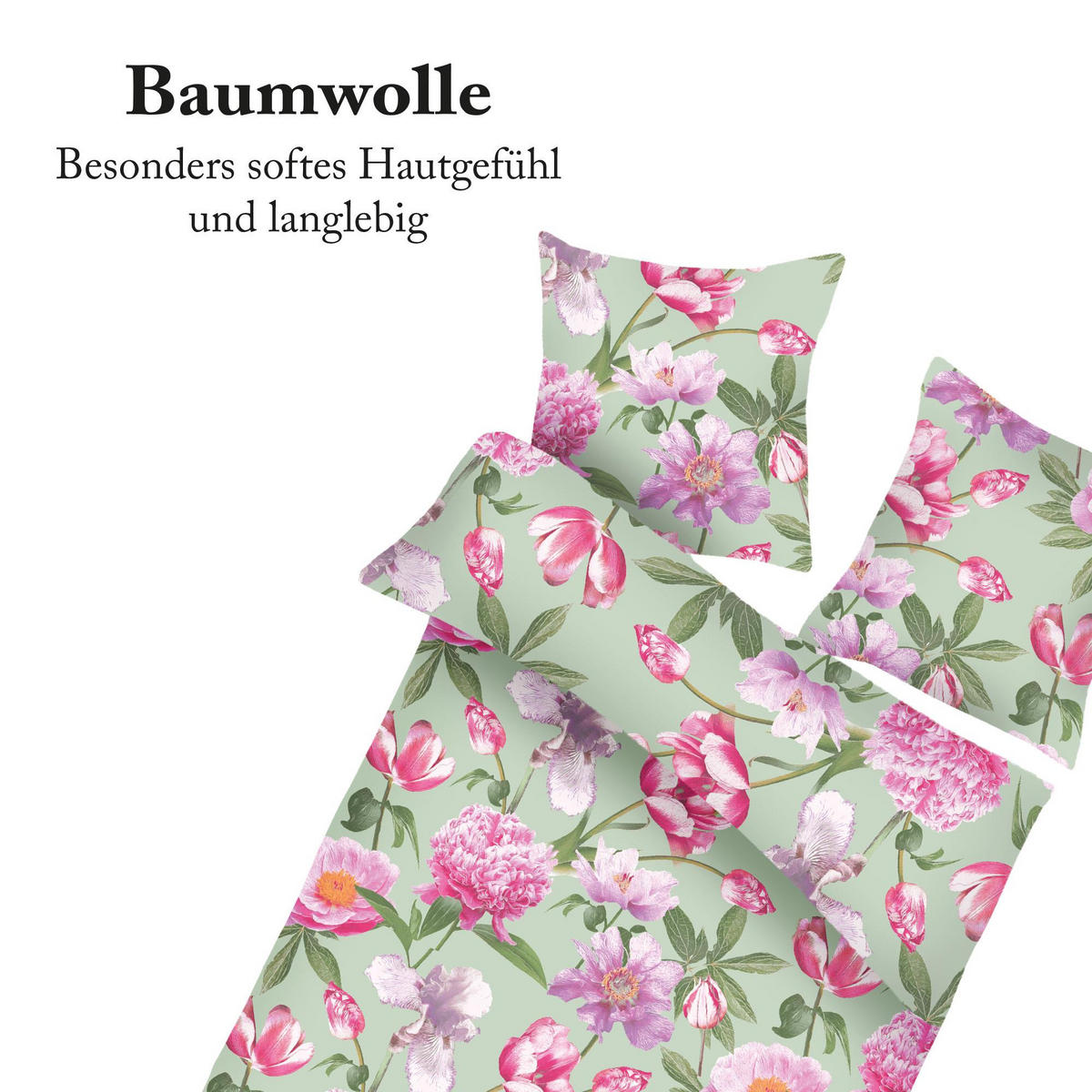 BETTWÄSCHE Baumwolle 2-teilig 135x200/80x80cm Flower Green - Hellgrün, Naturmaterialien (135/200cm) - Bestlivings