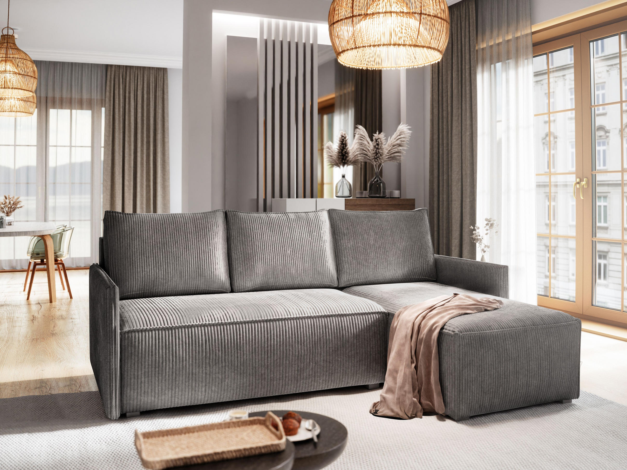 ECKSOFA PERUSI Grau Kordstoff mit Schlaffunktion - Grau, Holz (206/143cm) - MASSENO