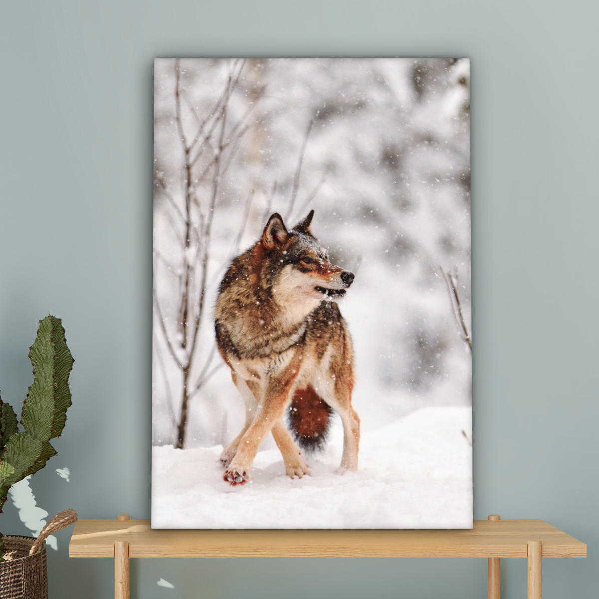LEINWANDBILD Wolf - Winter - Schnee - Natur - Tiere Wanddeko 40x60 cm - Haselnussfarben, Textil (40/60cm) - MuchoWow