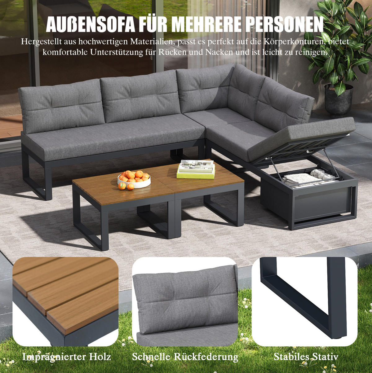 LOUNGEGARNITUR 191,5/79/191,5 cm Grau aus Polyester mit Stauraum und verstellbarer Rückenlehne - Grau, Textil - OKMYHOME