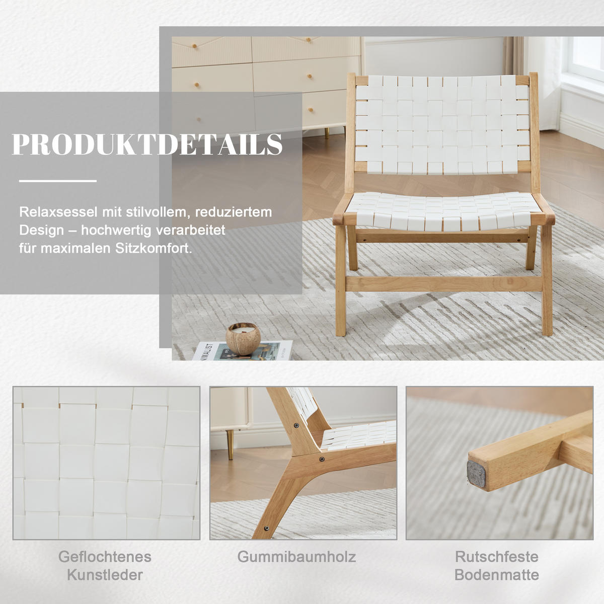 RELAXSESSEL mit Holzgestell, Kunstleder Flechtwerk, Breite Sitzfläche, Weiß - Eichefarben/Weiß, Holz (66/72/71cm) - LVHOM