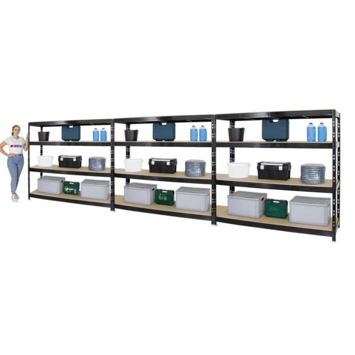 SCHWERLASTREGAL Rhino 3er-Set mit 3x 180x200x60 cm 4 Spanplatten-Ebenen 16mm Fachlast 500 kg Schwarz - Schwarz, Metall (600/180/60cm) - PROREGAL