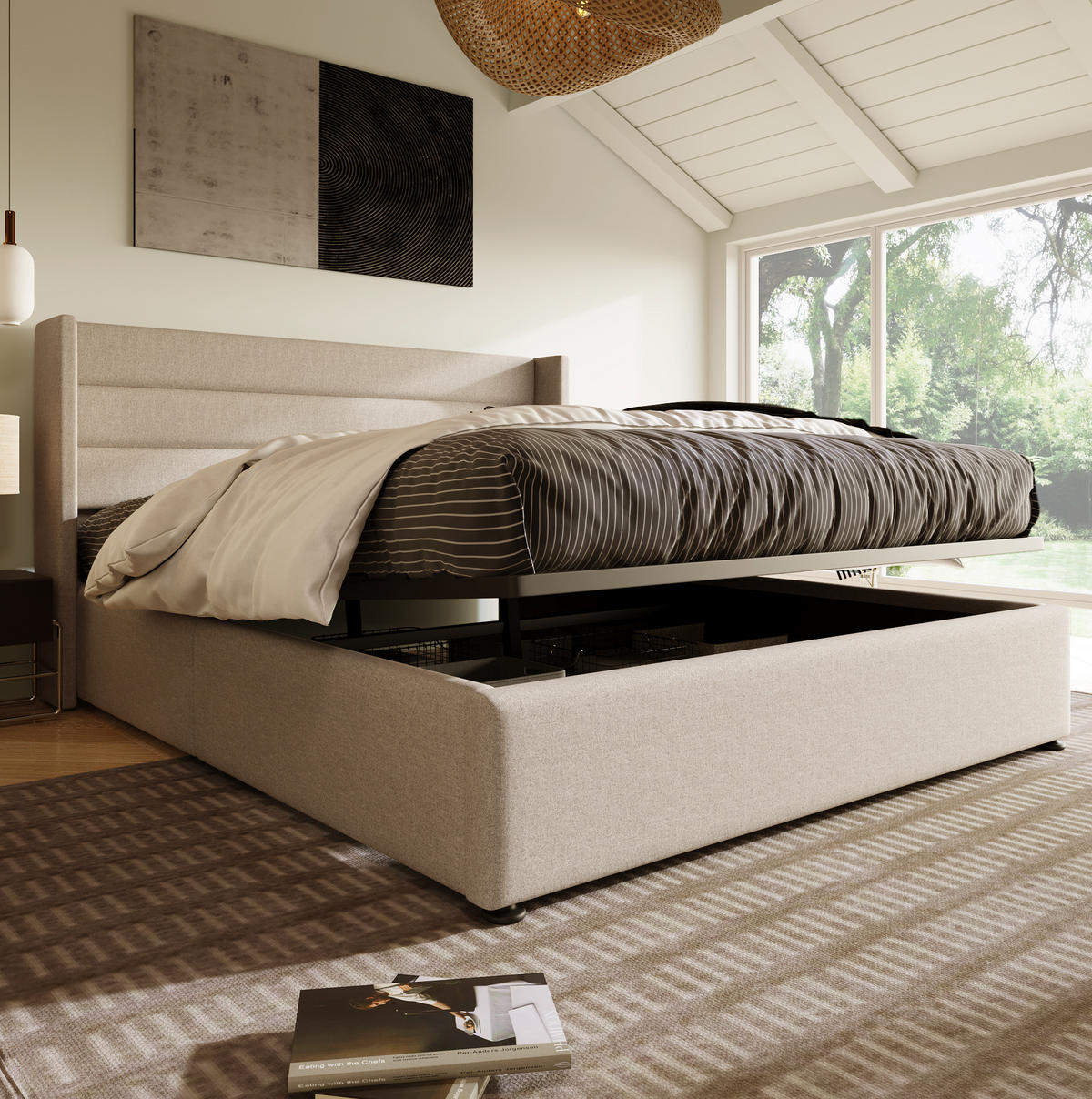POLSTERBETT 160/200 cm mit hydraulischem Bettkasten, gepolstertes Kopfteil, Beige - Beige, Textil (160/200cm) - Redom