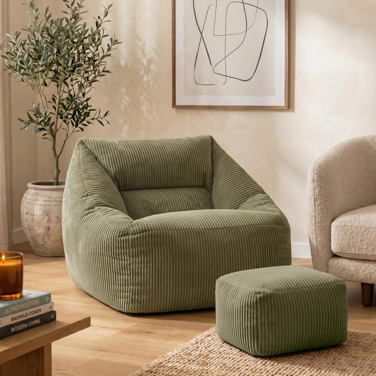 SITZSACK Cord Sessel Natalia mit Hocker - Salbeigrün, Textil (97/73/84cm) - icon