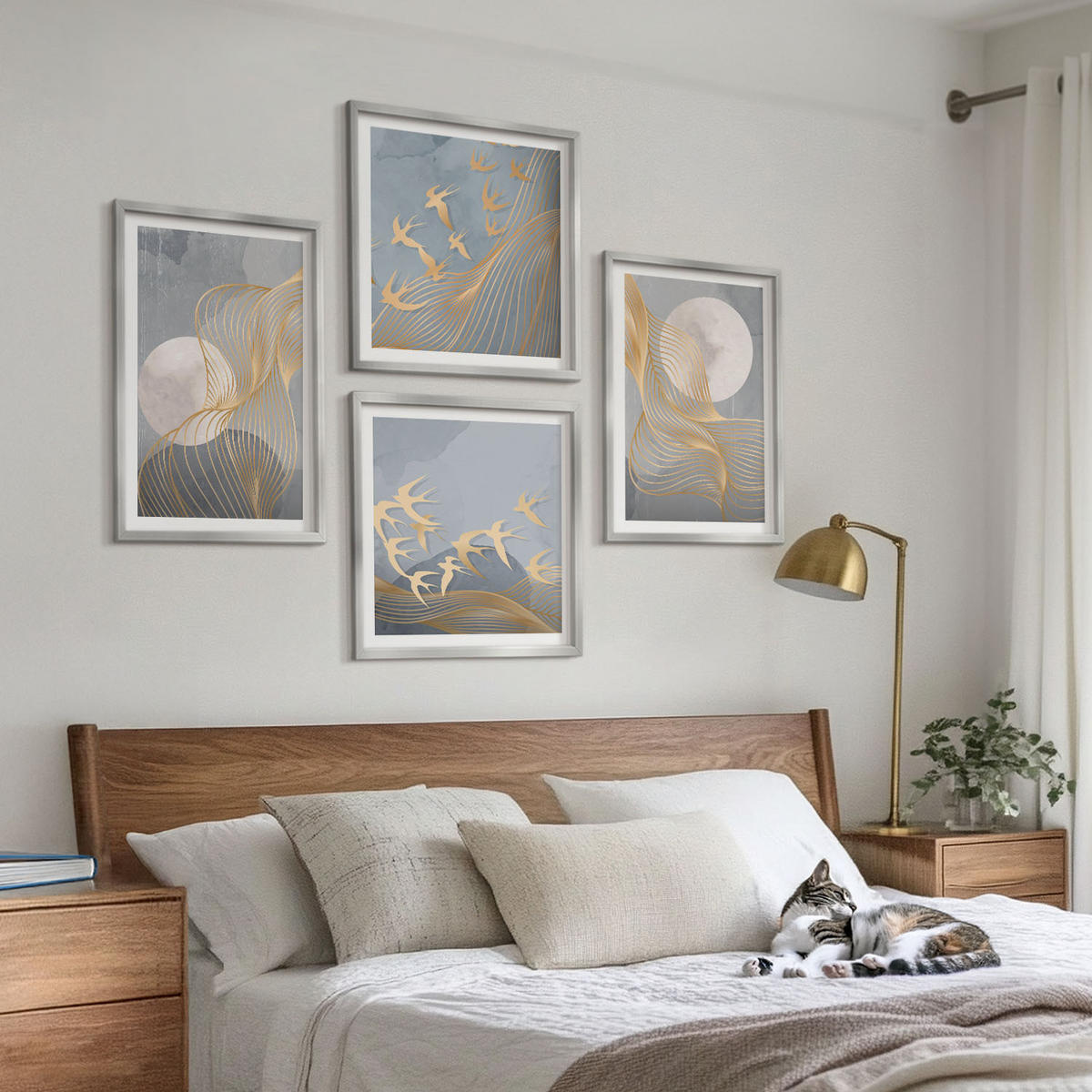 BILDER SET 4er Set - 50x50 cm & 40x60 cm Silberner Rahmen - Abstrakte Wellenkreise, grau - Silberfarben, Kunststoff (50/50cm) - TULUP
