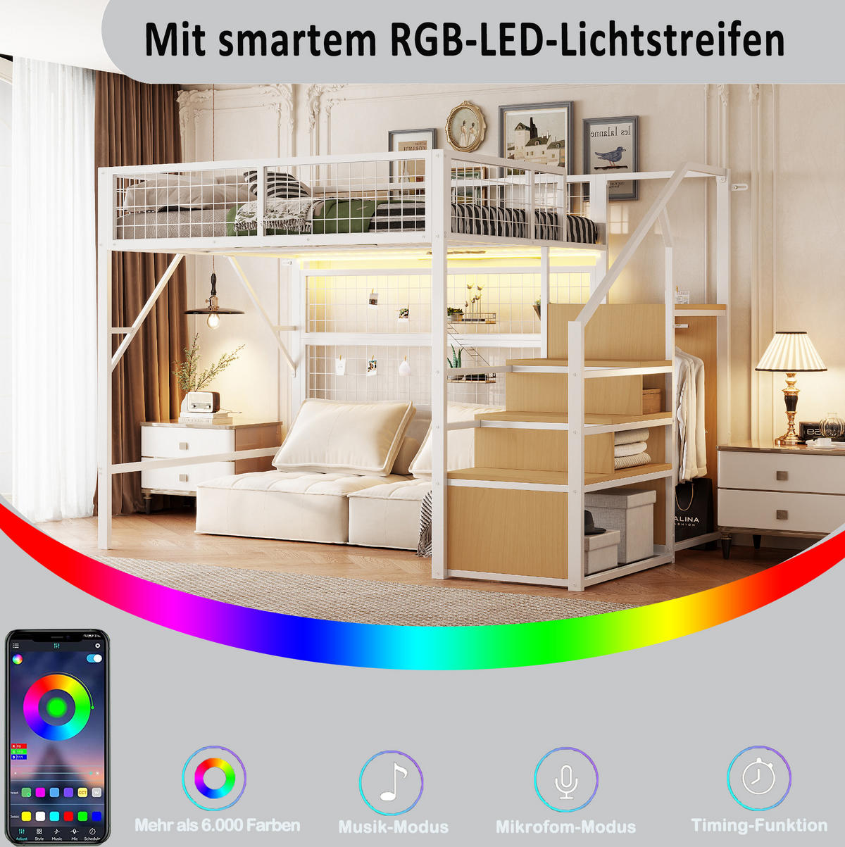 HOCHBETT 140/200 cm Weiß mit LED-Beleuchtung und Stauraum - Weiß, Metall (140/200cm) - Flora Grace
