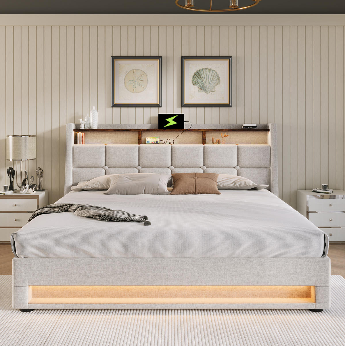 POLSTERBETT 160/200 cm Beige mit LED-Beleuchtung, USB und Stauraum - Beige, Textil (160/200cm) - Flora Grace