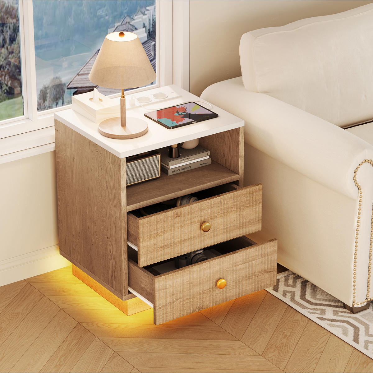 NOČNA omarica, 2-delni komplet z vtičnico, LED, stranska mizica, les, 2 predala, USB - naravne barve, les (38/55/44cm)