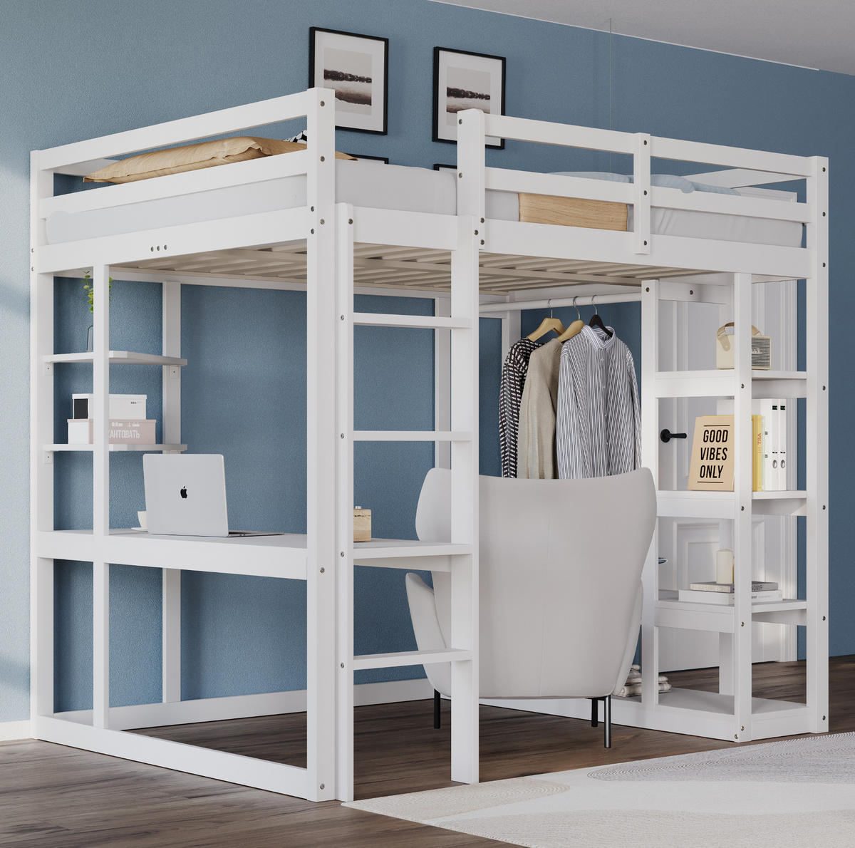 HOCHBETT 140/200 cm in Weiß – mit Schreibtisch, Regalen und Stauraum - Weiß, Holz (140/200cm) - BEAOK