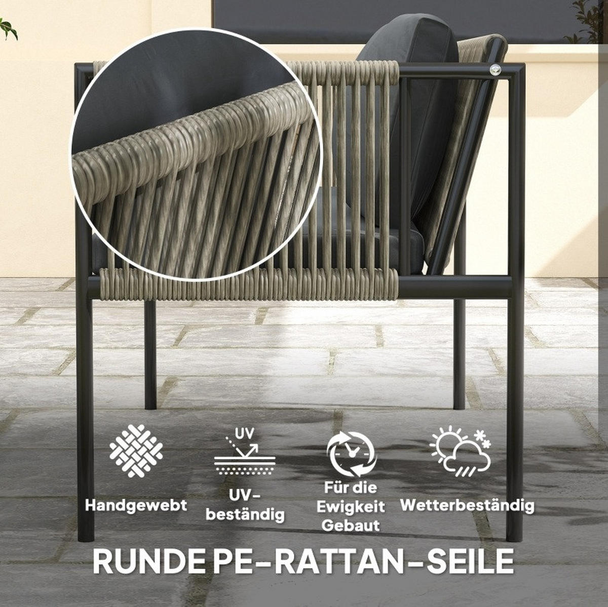 BALKONMÖBEL-SET 116/65/68 cm mit Tisch, Kissen und Glasplatte, Polyrattan, Grau - Grau, Naturmaterialen - Redom