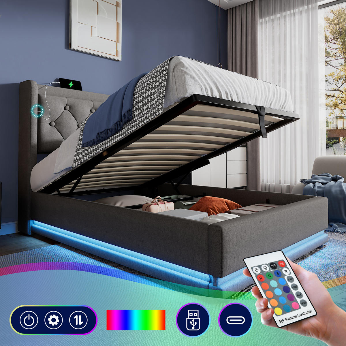 STAURAUMBETT 90/200 cm DE-00518, in Grau, LED und hydraulischem Bettkasten - Grau, Metall (90/200cm) - ComfortXL