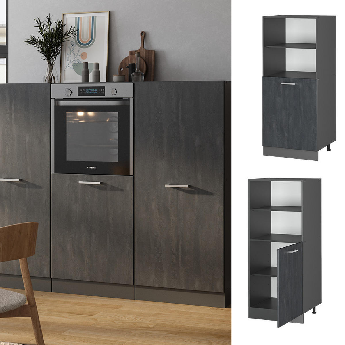 HERDUMBAUSCHRANK R-Line Schwarz Beton 60 cm - Anthrazit/Schwarz, Holzwerkstoff (60/143/57cm) - Vicco