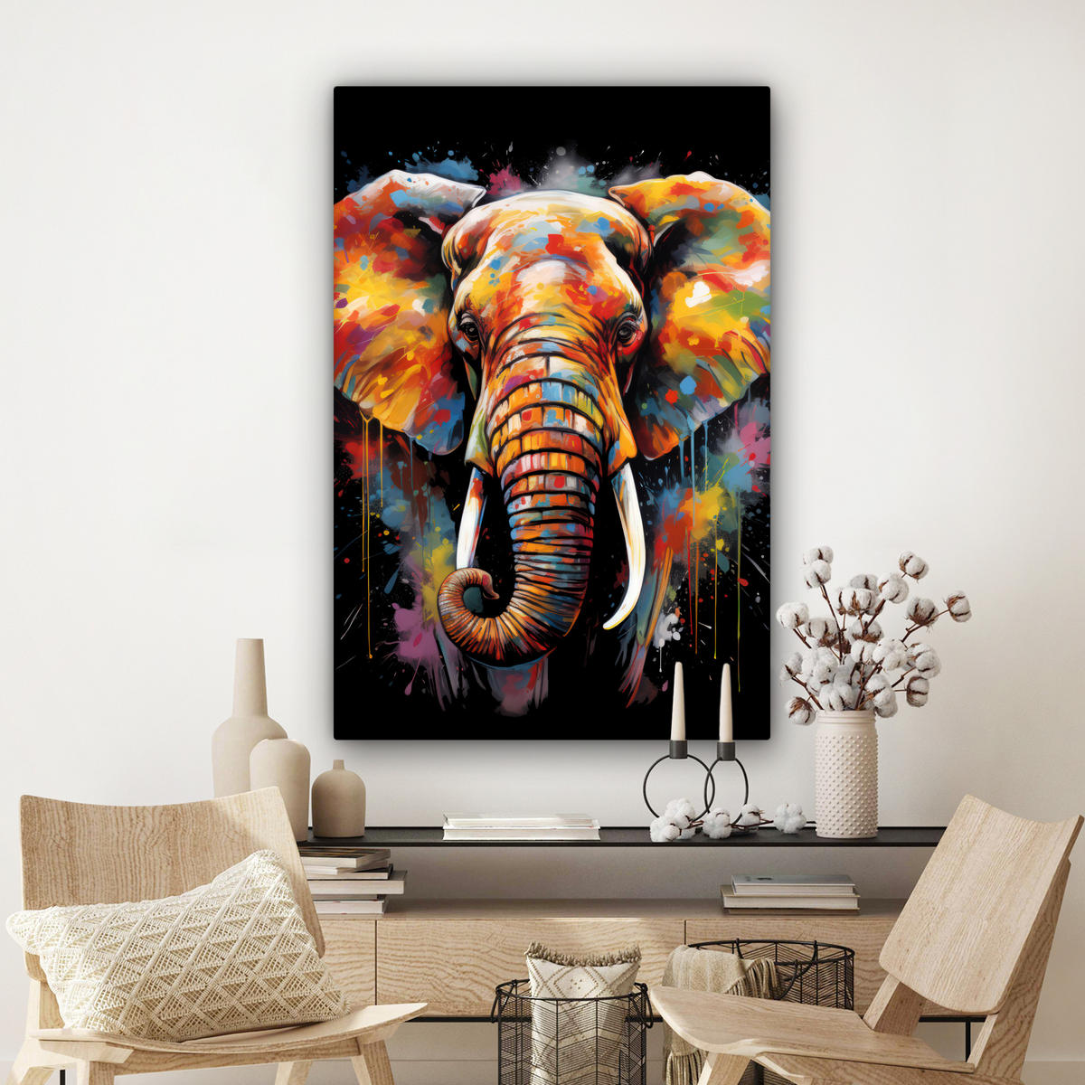 LEINWANDBILD Elefant - Graffiti - Schwarz - Tiere - Farben Deko Groß 90x140 cm - Schwarz, Textil (90/140cm) - MuchoWow