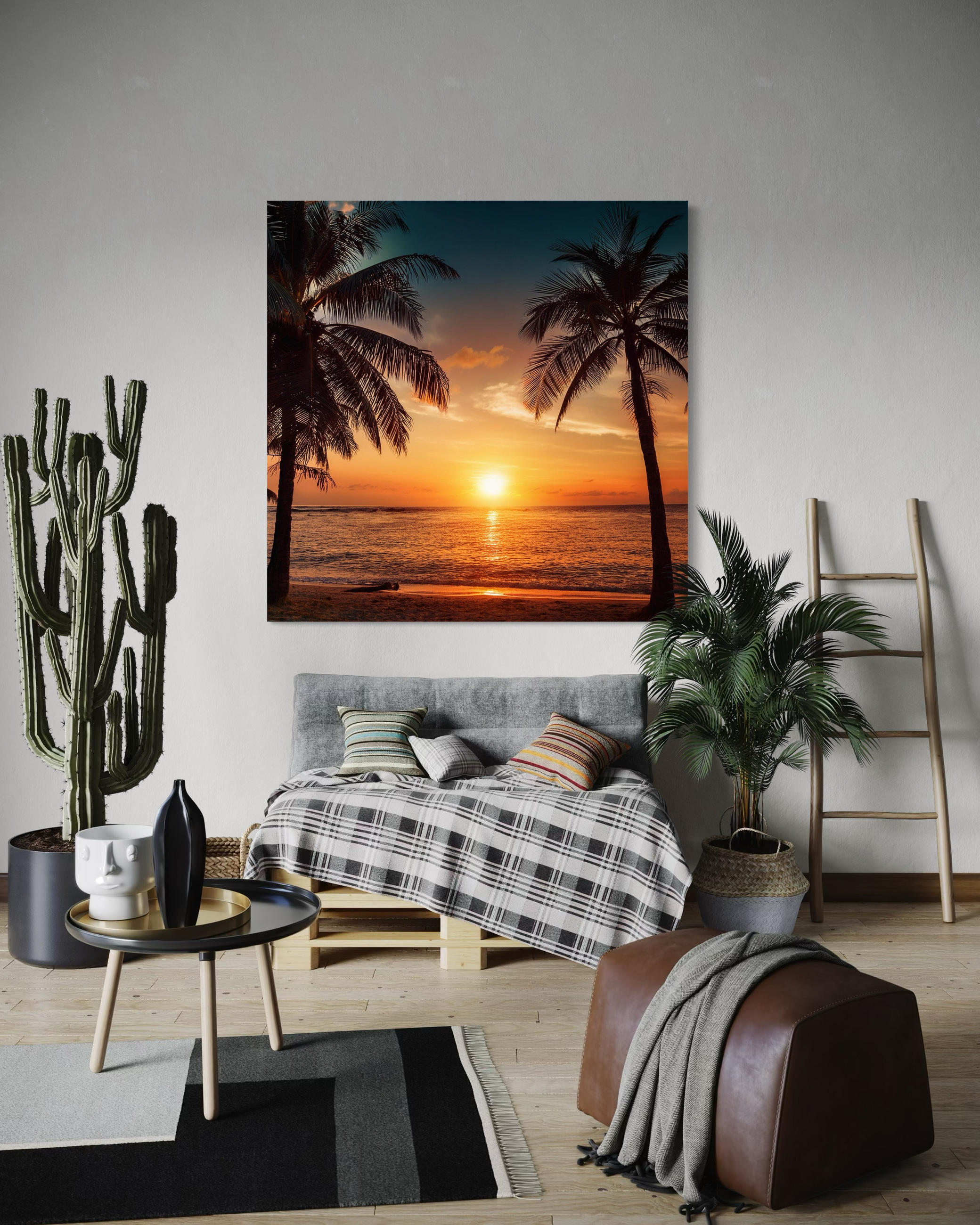 WANDBILD sonnenuntergang strand palmen - Orange, Textil (50/50cm) - Feeby