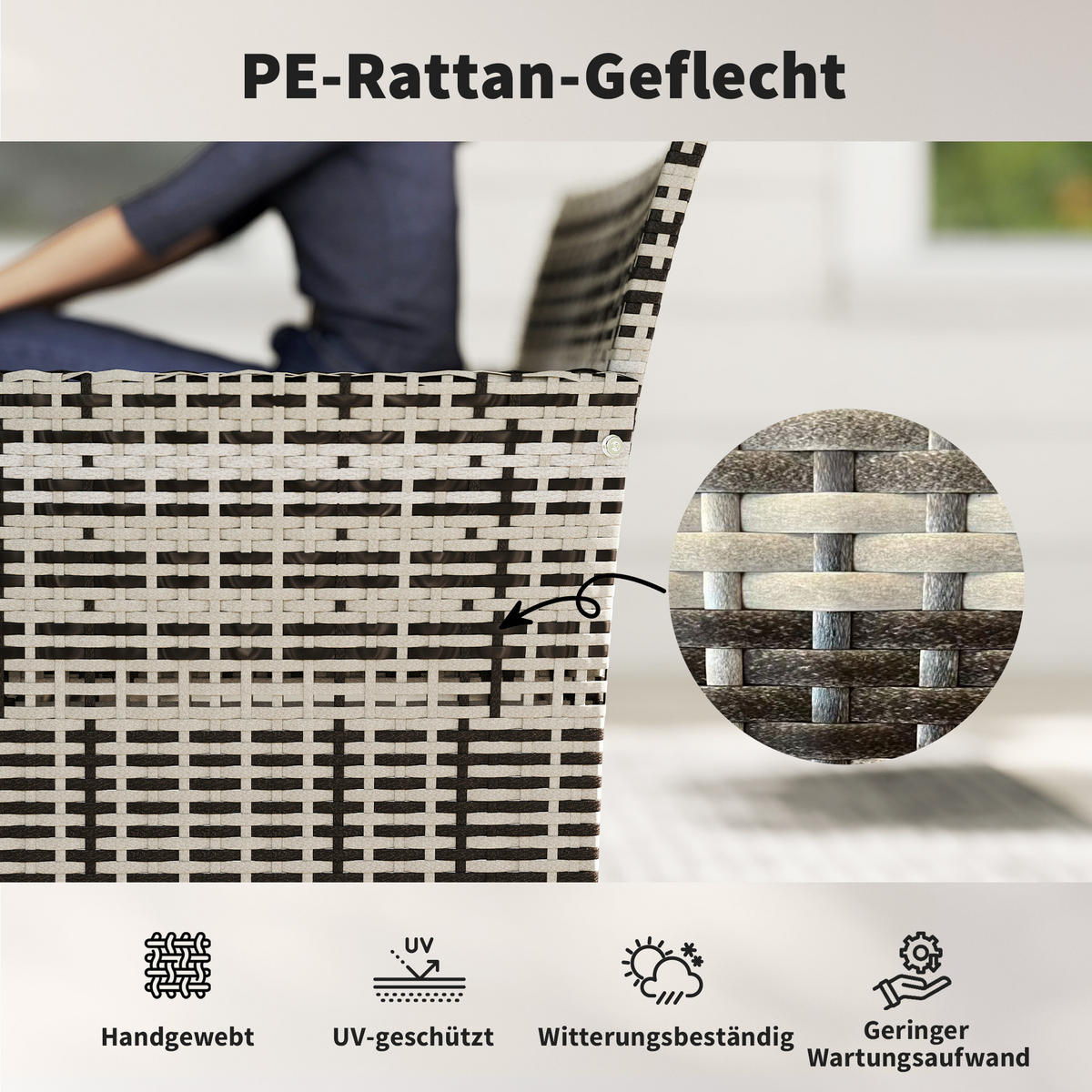 ZAHRADNÍ LAVIČKA 2místná z PE ratanu a oceli, světle šedá - černá/tmavě šedá, kov/textil (63/85/115cm) - Outsunny
