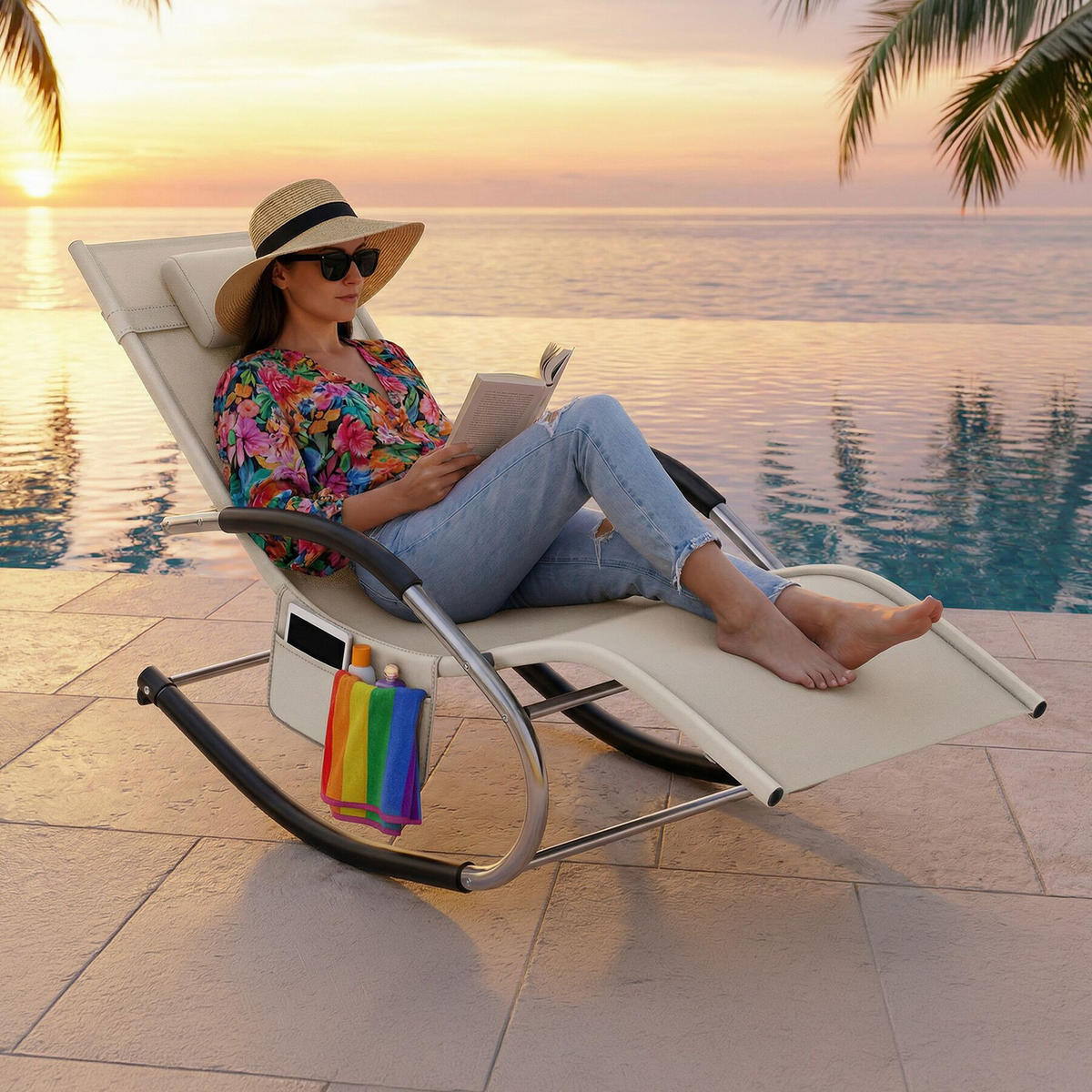 GARTENLIEGE Taya, abnehmbares Kopfpolster, seitliche Aufbewahrungstasche, beige - Beige, Kunststoff (62/92/142cm) - tectake