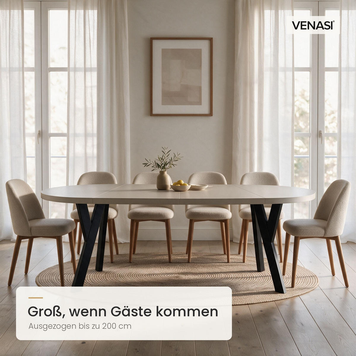 ESSTISCH ausziehbar rund 100-200 cm ATO Kaschmir, Auszugstisch mit Einlegeplatte - Kaschmir/Schwarz, Holzwerkstoff (100/100/77cm) - VENASI MÖBEL