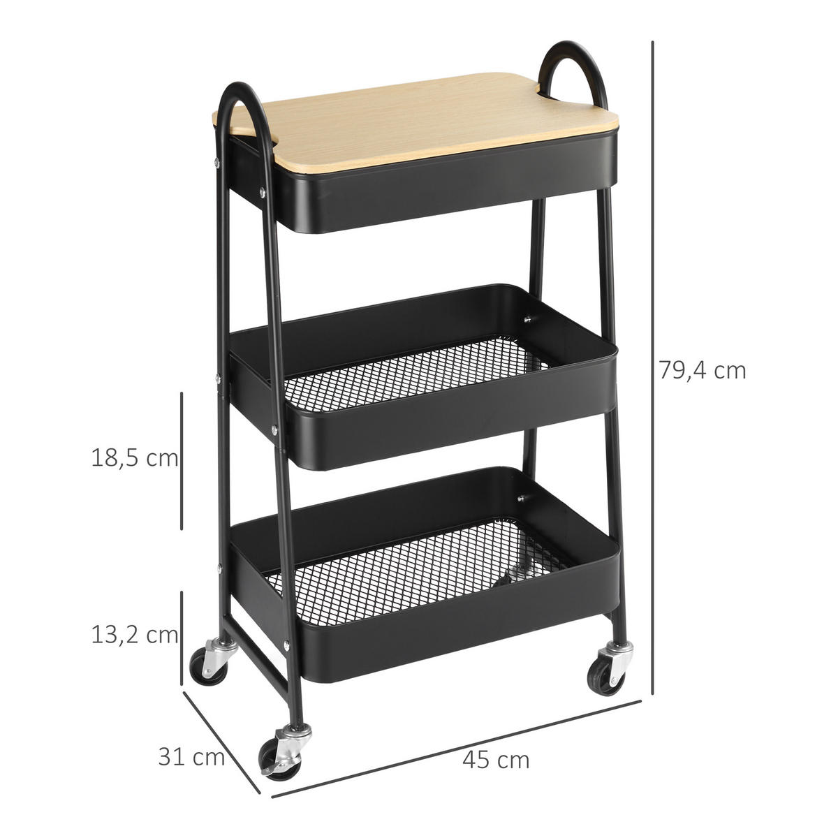 KÜCHENWAGEN 3-Etagen mit Rollen - Schwarz, Holzwerkstoff (31/79.4/45cm) - HOMCOM
