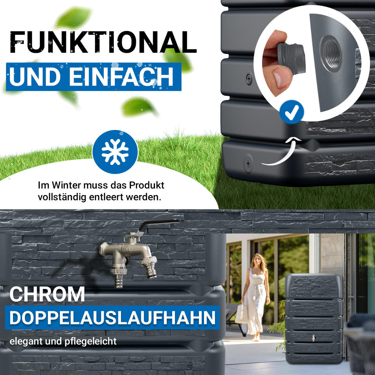REGENTONNE Mauertank Komplett-Set 510 L, graphite grey inkl. Chrom-Doppelauslaufhahn und Fallrohranschluss - Grau, Kunststoff (60/123/80cm) - 4rain
