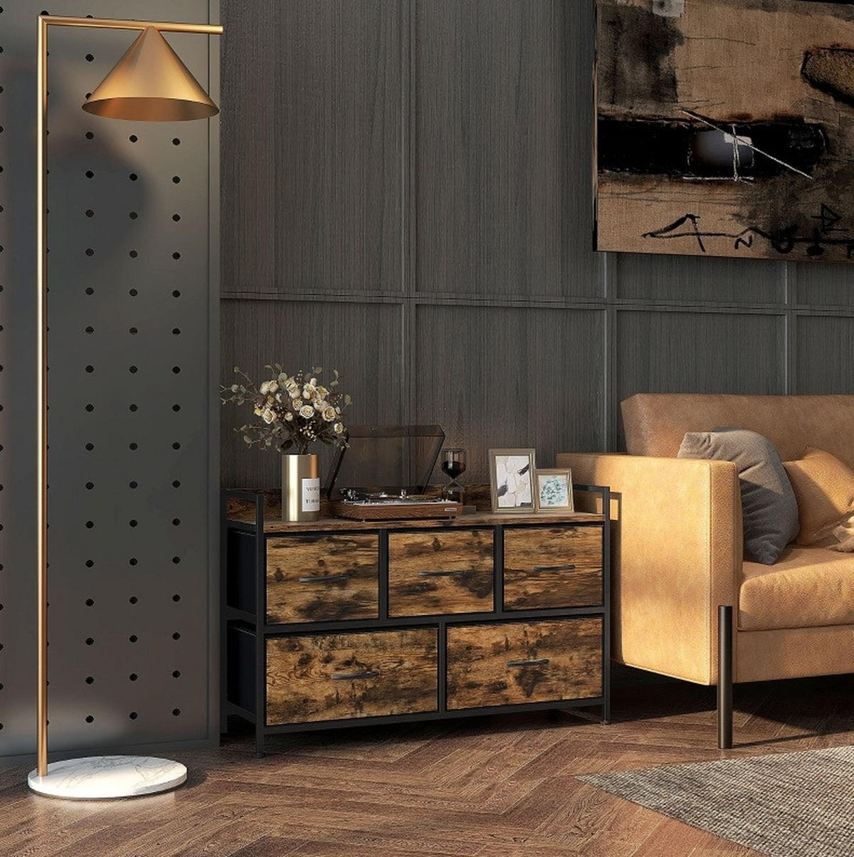 KOMMODE 98/29/63 cm mit 5 Stoffschubladen und Stahlgestell - Braun, Holzwerkstoff (98/63/29cm) - BEAOK