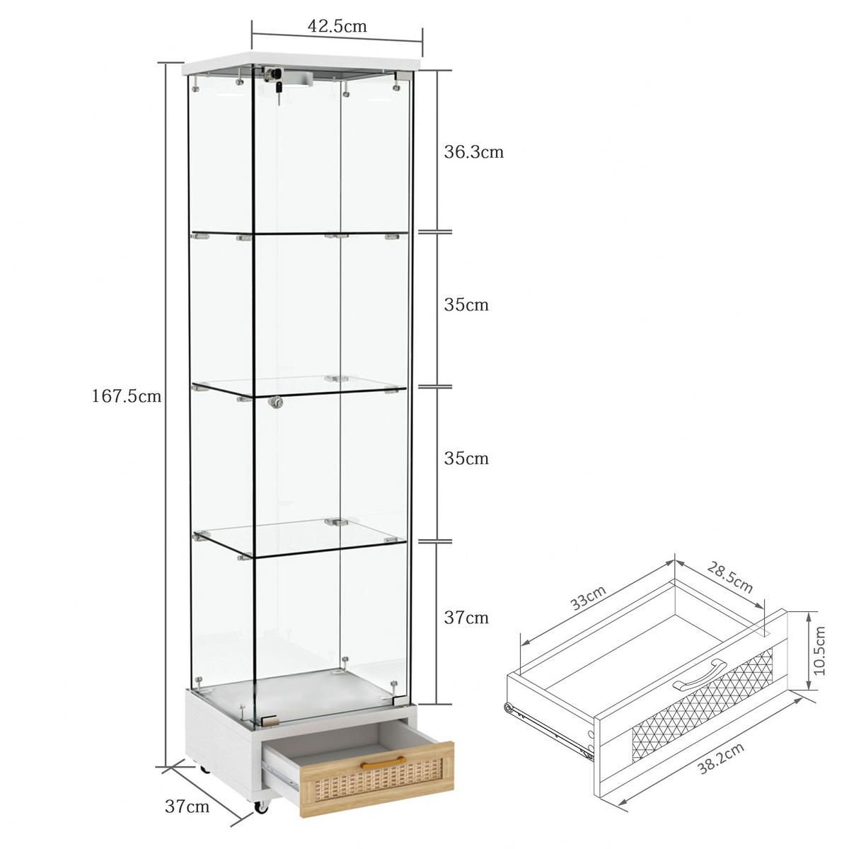 VITRINE 36,5/42,5/167 cm mit LED-Beleuchtung, 4 Ebenen und Rollen, Weiß - Weiß, Holzwerkstoff (42.5/167/36.5cm) - Redom