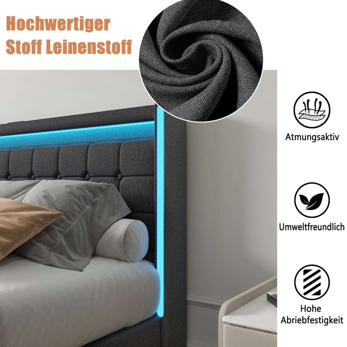 POLSTERBETT 140x190 cm Lumina Smart mit 3-Zonen RGB-LED, USB & USB-C, 4 Schubladen, Leinen-Optik, Dunkelgrau - Grau, Textil (140/190cm) - DELFA