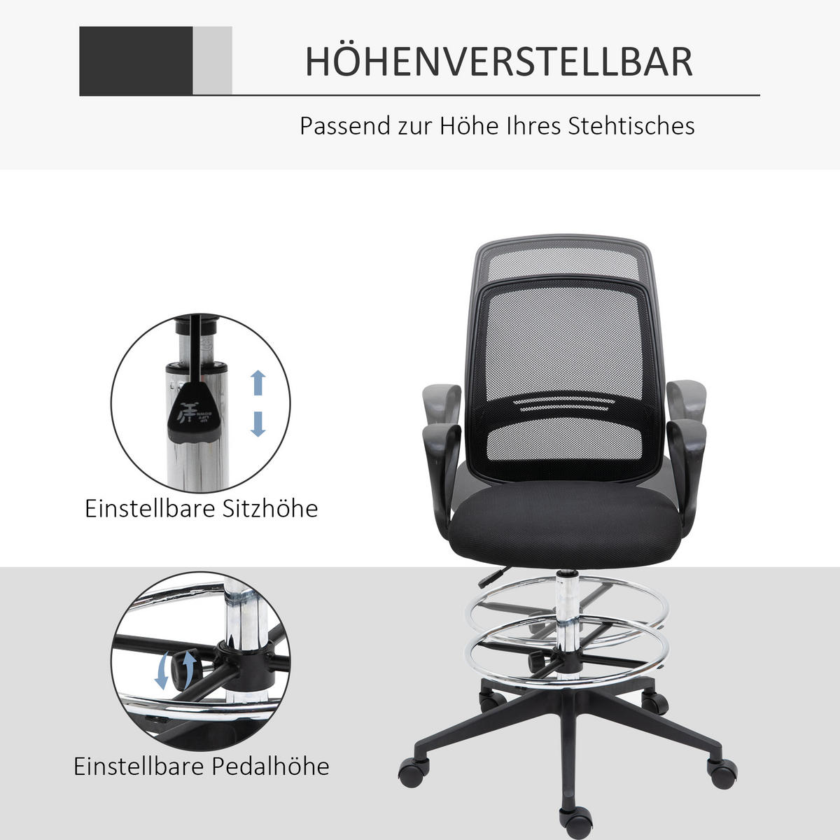 ARBEITSSTUHL, Metall, Schwarz - Schwarz, Textil (60/126/59.5cm) - Vinsetto