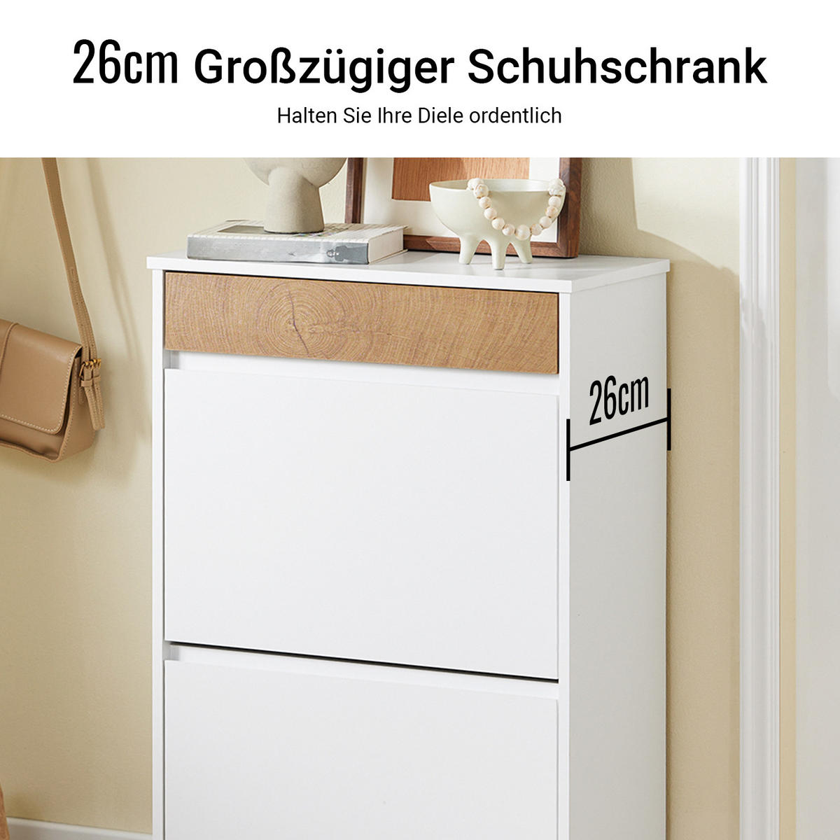 SCHUHKIPPER mit 2 Klappen und Schublade, Skandinavisches Design - Weiß, Holzwerkstoff (61/91/26cm) - SoBuy