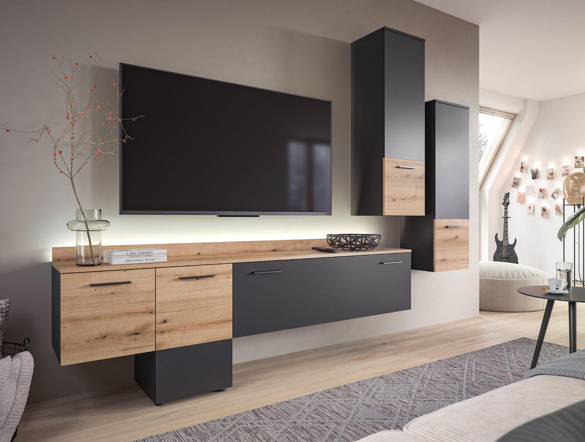WOHNWAND 3-teilig grau, Evoke Eiche 247 cm, Schrankwand mit Soft-Close - Eichefarben/Schwarz, Holzwerkstoff/Kunststoff (247/196/37cm) - Inn.Furn