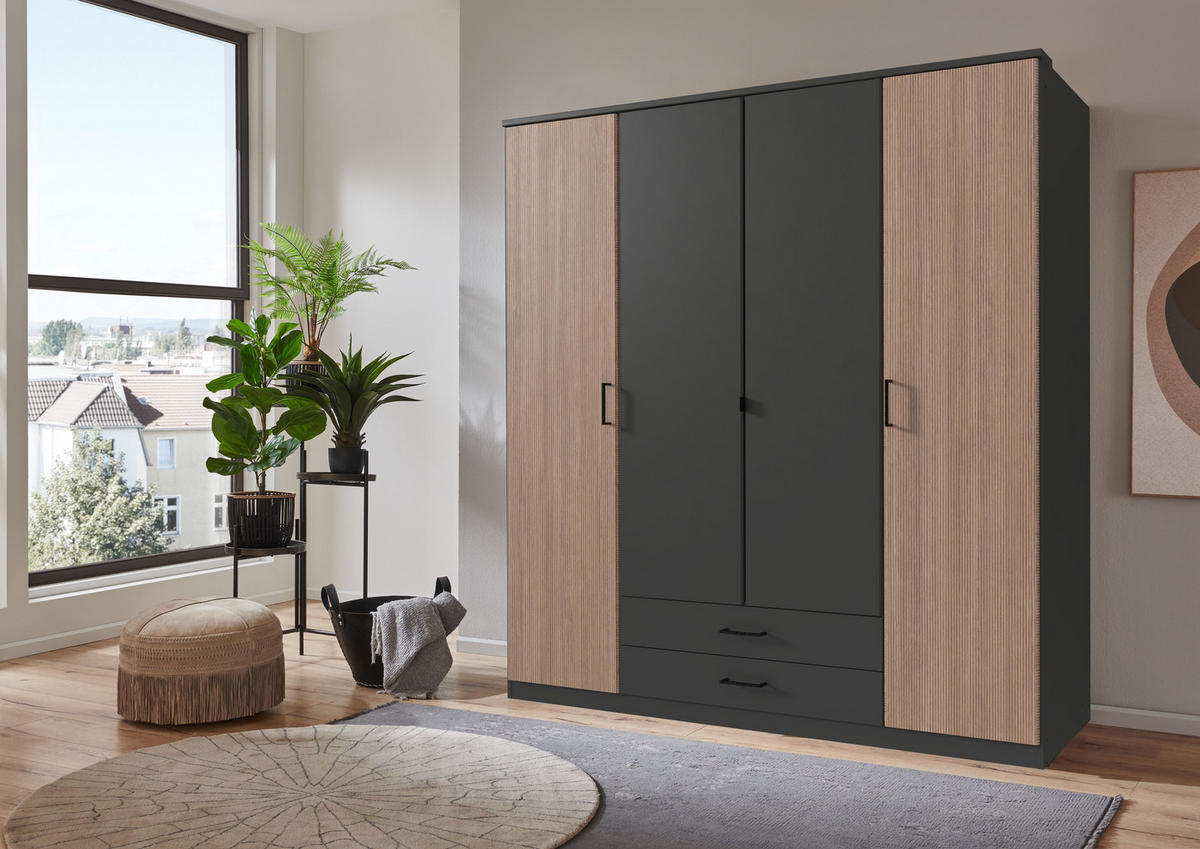 KLEIDERSCHRANK Fulda in Grafit und Multiplex 180x199x58 cm (BxHxT) – Drehtürenschrank 4 türig ohne Glasfront - Braun/Grau, Holzwerkstoff (180/199/80cm)
