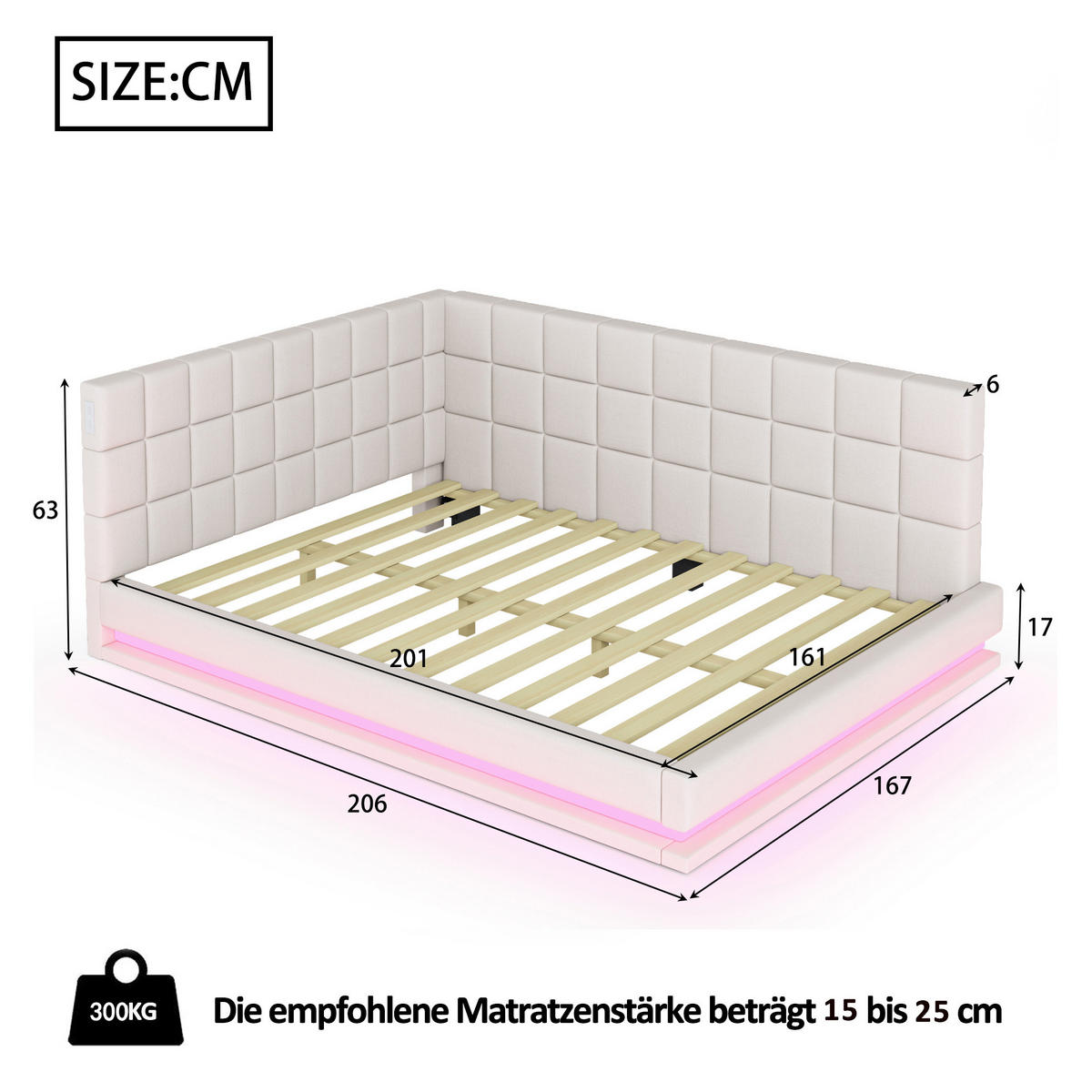 POLSTERBETT 160/200 cm mit LED-Beleuchtung und USB-Anschluss, inkl. Lattenrost - Beige, Textil (160/200cm) - BEAOK