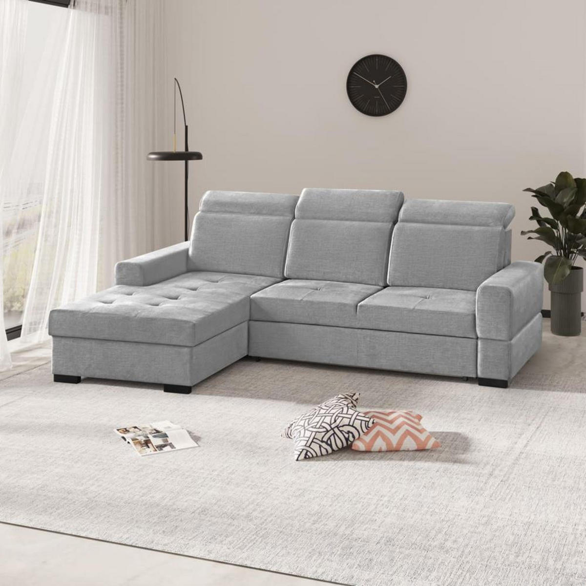ECKSCHLAFSOFA Alex Mini hellgrau links - Hellgrau/Schwarz, Textil (245/185cm) - Beautysofa