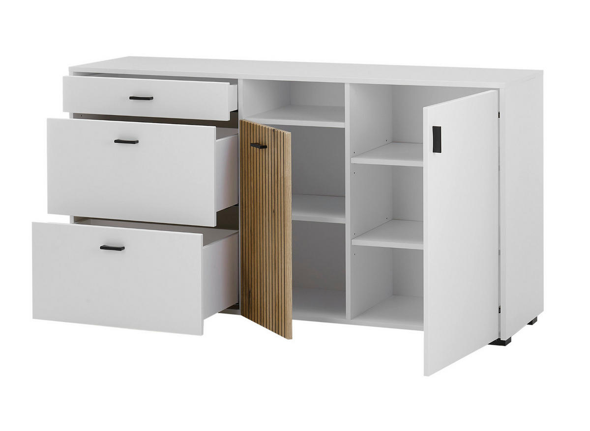SIDEBOARD weiß matt, Eiche 150 cm, Kommode mit Soft-Close-Funktion - Eichefarben/Schwarz, Holzwerkstoff/Kunststoff (150/80/42cm) - Furn.Design