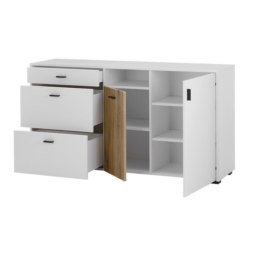 Thumbnail - Furn.Design Sideboard, Weiß, Eiche, Metall, Nachbildung,Eiche, Uni, Holz Optik, 3 Fächer, 3 Schubladen, Rechteckig, ecki...