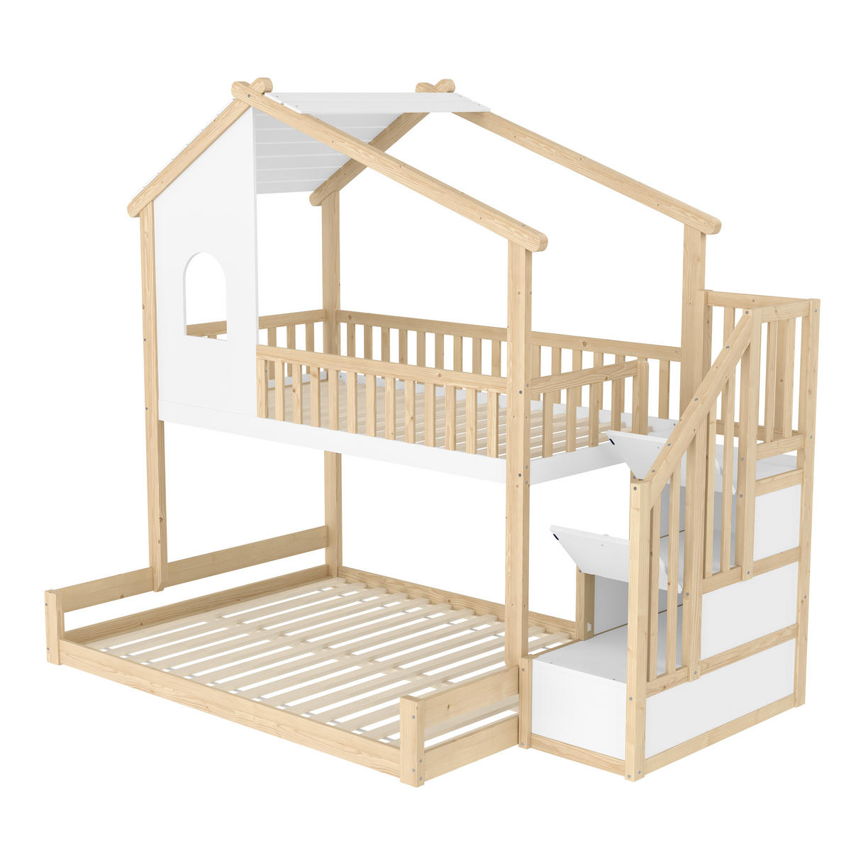 ETAGENBETT mit Stauraumleiter 90x200 cm + 140x200 cm Natur White - Weiß, Holz (90/200cm) - Meubliv