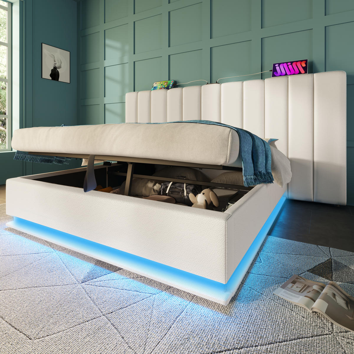 POLSTERBETT 160x200cm Doppelbett App-LED USB-C Stauraum Weiß PU - Weiß, Holz (160/200cm) - FLIEKS