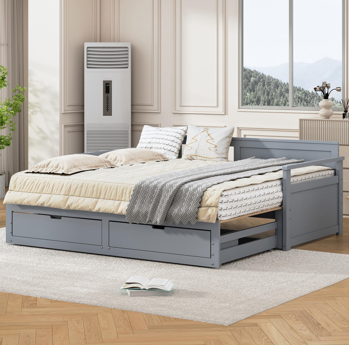 TAGESBETT Zwei-in-Eins 90/180/190 cm grau mit Schubladen aus Kiefer - Grau, Holz (180/190cm) - OKWISH