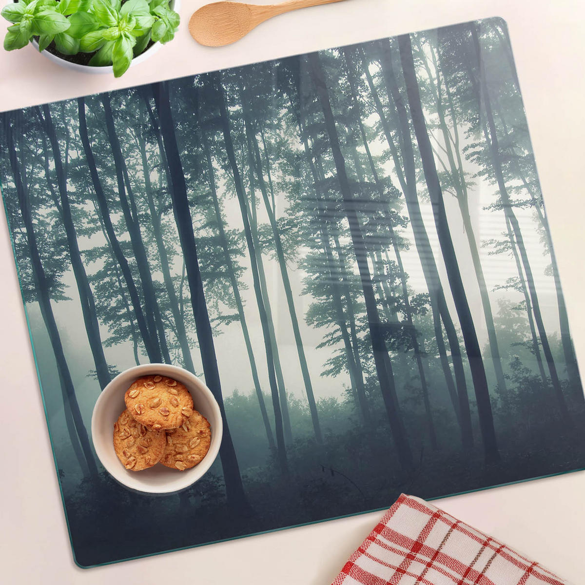 GLASPLATTE 60x52 cm Wald im Nebel - Schwarz, Glas (60/0.4/52cm) - TULUP