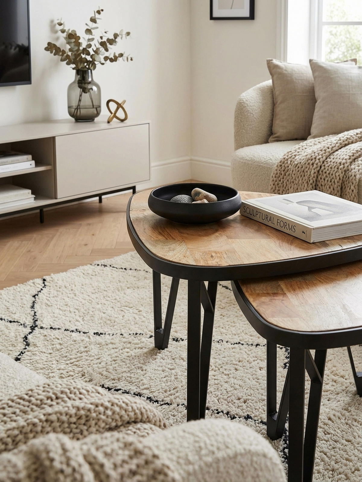 COUCHTISCH Set – Massivholz Metall Braun Schwarz platzsparend Industrial - Beige/Schwarz, Holz/Metall (60/60/45cm) - KADIMA DESIGN