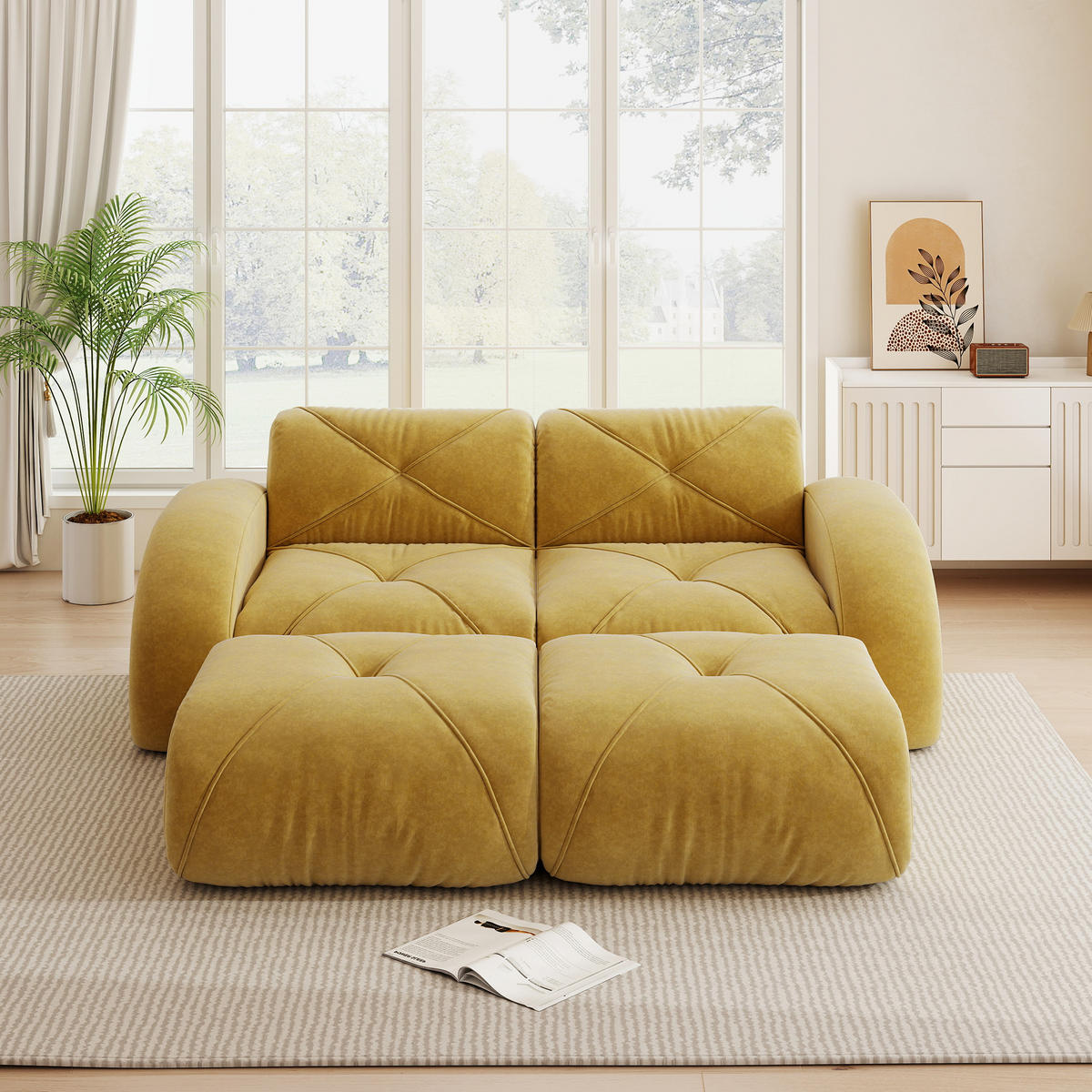 2-SITZER Sofa 204x171x76 cm aus Chenille-Stoff rahmenlos modular mit 2 Hockern, gelb - Gelb, Textil (171/76/204cm)
