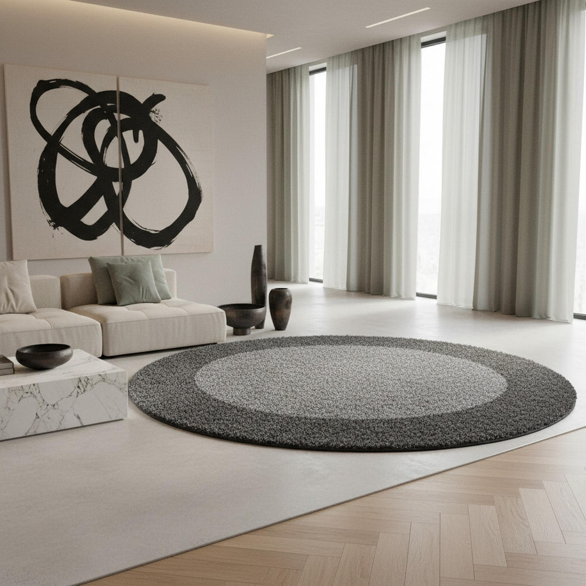 TEPPICH Hochflor einfarbig mit Bordüre Polypropylen Wohnzimmer Grau Rund 160x160 - Grau, Textil (160/160cm) - KADIMA DESIGN