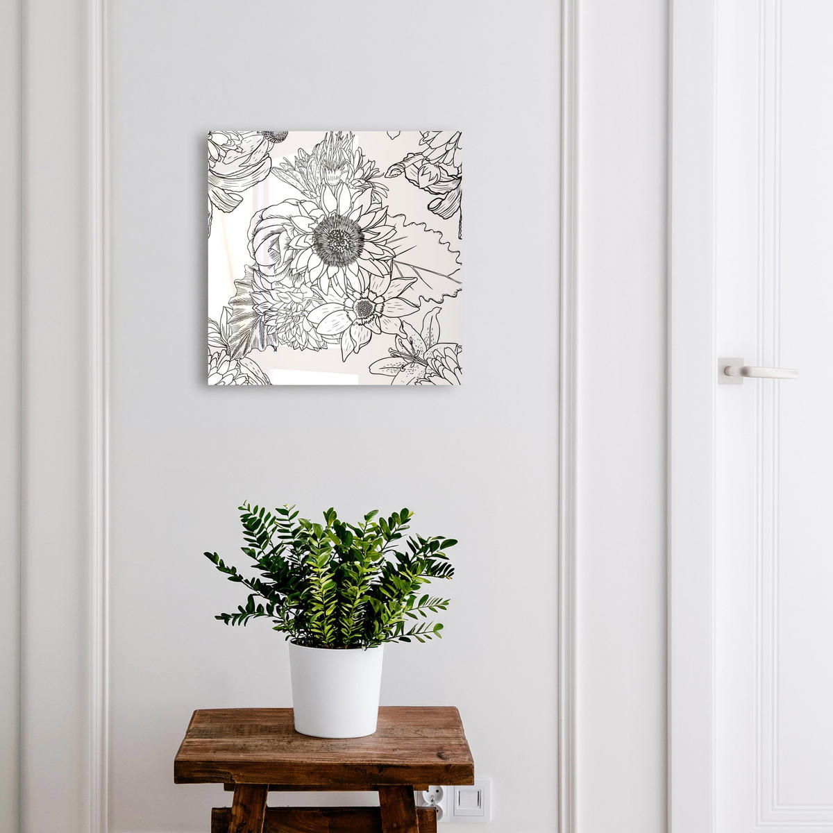 SCHLÜSSELBOX Schwarz 30x30 cm- Türöffnung nach rechts - Schwarz-weiße Blüten - Multicolor, Metall (30/30/5cm) - TULUP