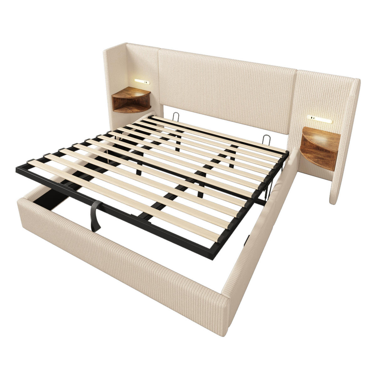 POLSTERBETT 180/200 cm Beige-Weiß mit Stauraum, Leselicht und USB- und Type-C-Anschlüssen - Beige, Textil (180/200cm) - Flora Grace
