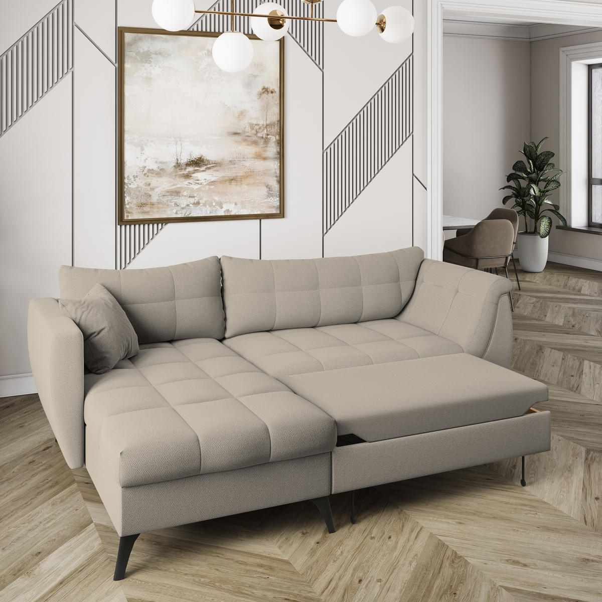 ECKSOFA MOLLIS Beige Geflochtener-Stoff mit Schlaffunktion - Beige, Holz (241/154cm) - MASSENO