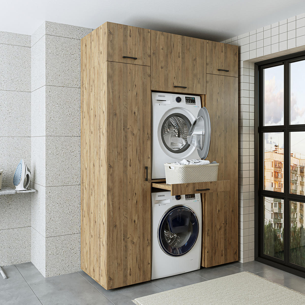 WASCHMASCHINENSCHRANK DUO-I 157cm Breit, 240cm Hoch - Eichefarben, Holzwerkstoff (157/240/67cm)