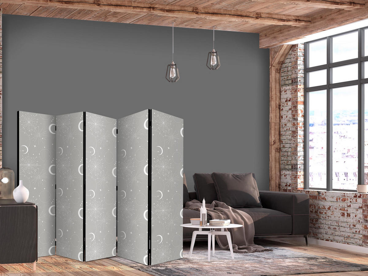 PARAVENT Einseitig Bedruckter 5-tlg 225x172 cm Mond Sterne - Grau, Holz/Textil (225/172/3cm) - Muralo