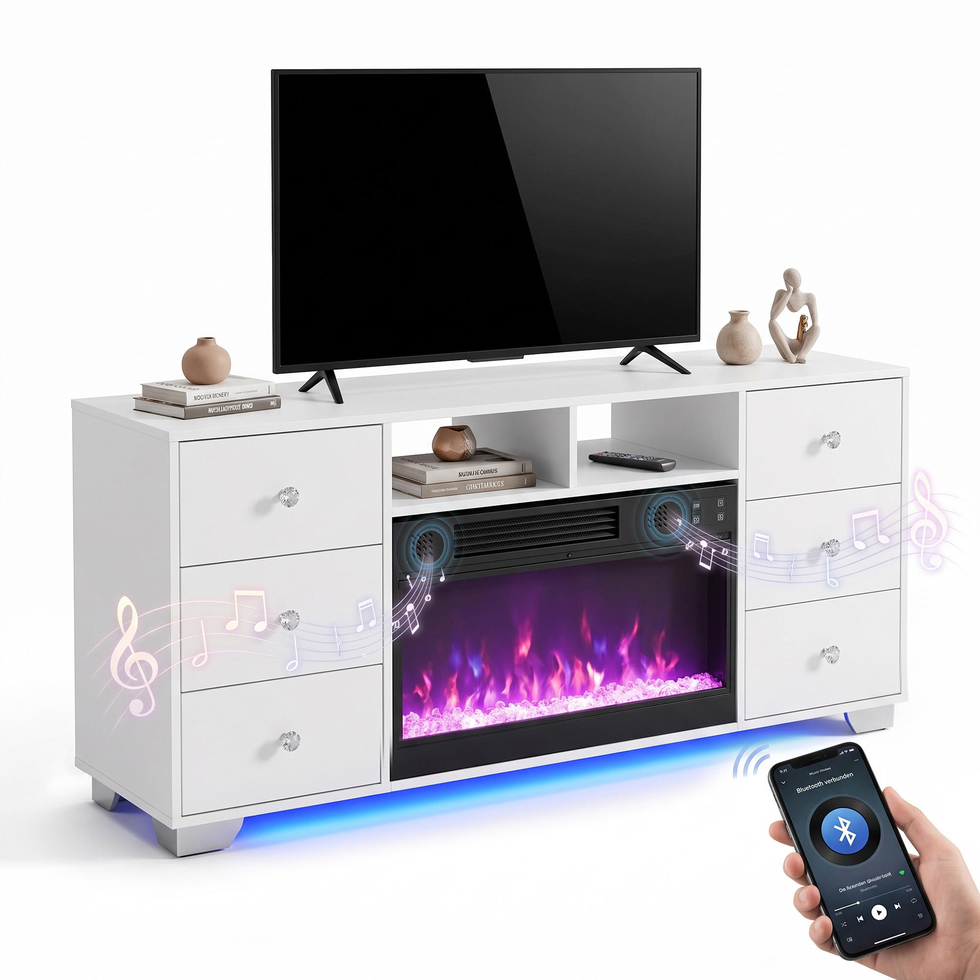 TV-SCHRANK mit Elektrokamin Beleuchtung Lowboard 6 Schubladen 140/40/65CM - Weiß, Holzwerkstoff (140/60/40cm) - VANITII