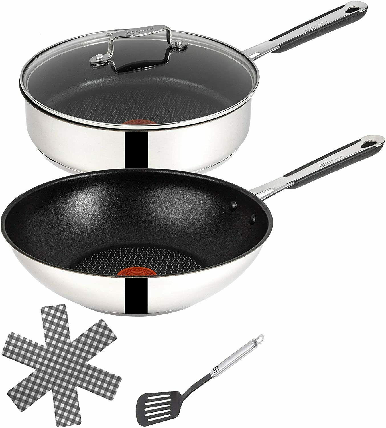 PFANNENSET Jamie Oliver 5-tlg Edelstahl induktionsgeeignet Wokpfanne Schmorpfanne mit Deckel - Silberfarben/Schwarz, Metall - Tefal