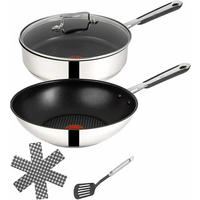 PFANNENSET Jamie Oliver 5-tlg Edelstahl induktionsgeeignet Wokpfanne Schmorpfanne mit Deckel - Silberfarben/Schwarz, Metall - Tefal