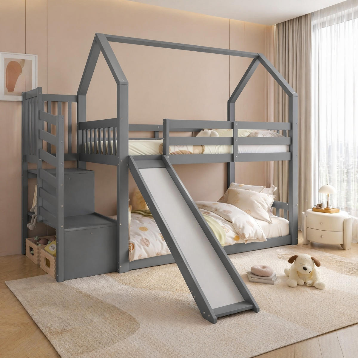 ETAGENBETT 90/200 mit Stauraumtreppe, Rutsche und Geländer in Grau - Grau, Holz (90/200cm) - EVRYAE